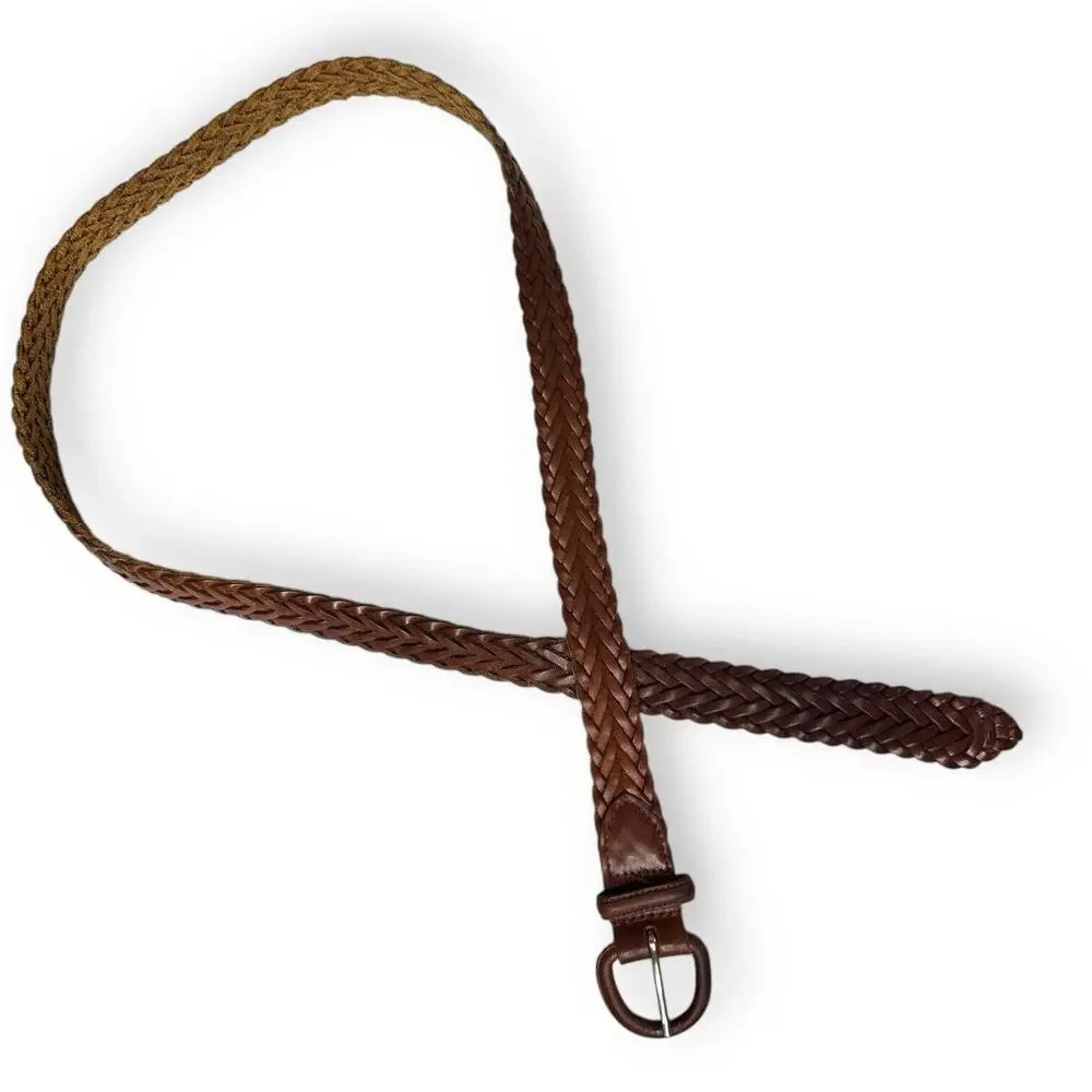 Vintage Braided Leather Belt Brown Leather Buckle Oil Tanned Cowhide Mens 38-95